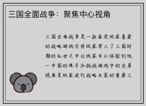 三国全面战争：聚焦中心视角