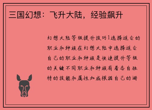 三国幻想：飞升大陆，经验飙升