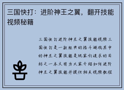 三国快打：进阶神王之翼，翻开技能视频秘籍